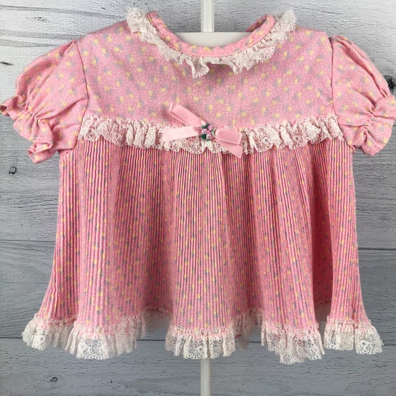 Size 18 Month Pink Dress wih White Polka Dots & Blue and Yellow Flowers with Accordian Skirt, Lace Trim on Hem, Collar and Chest, Ribbon Bow
