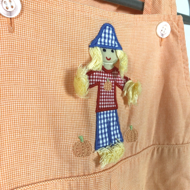 3T Orange /& White Gingham Overalls with Happy Scarecrow Appliqu\u00e9 in Blue and Red Gingham with Embroidered Pumpkins Yellow Threads as Straw