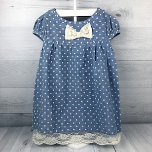 6X Blue Shirt or Toddler Dress with White Polka Dot Print, Lace Hem and Lace Bow on Chest, Faux Denim, Short Sleeves, Floral Lace, Spotted