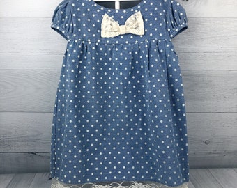 6X Blue Shirt or Toddler Dress with White Polka Dot Print, Lace Hem and Lace Bow on Chest, Faux Denim, Short Sleeves, Floral Lace, Spotted