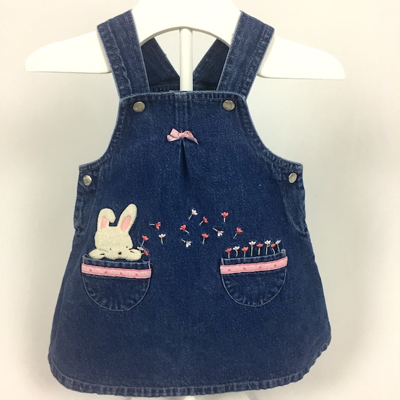 6 9 Month Denim Overall Dress With Soft Felt Bunny Embroidered Flowers. Pink Floral Ribbon Bow Silver Snap Closures Adjustable Straps Etsy