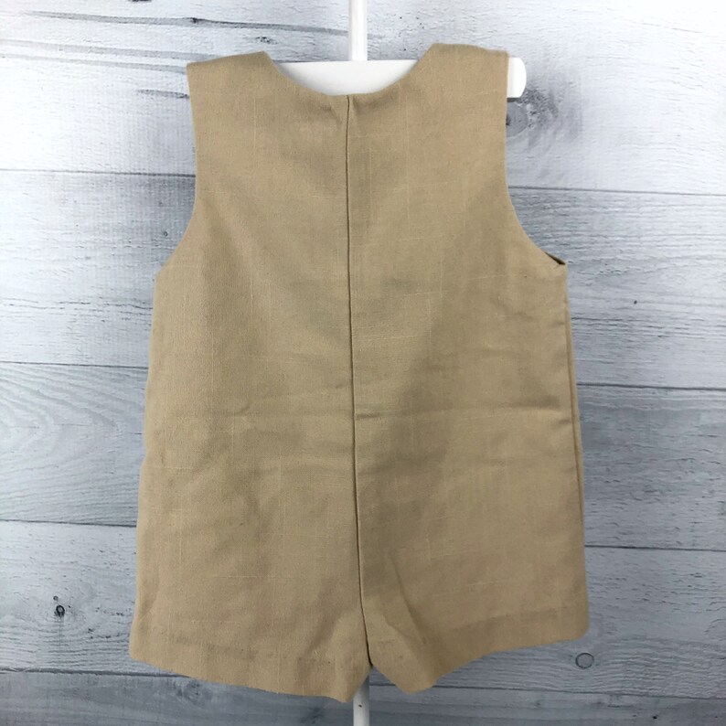Lion Giraffe Elephant /& Palm Trees 6-9 Month Vintage Beige Shortall with Scene of Detailed Embroidered Animals Gray Green Yellow