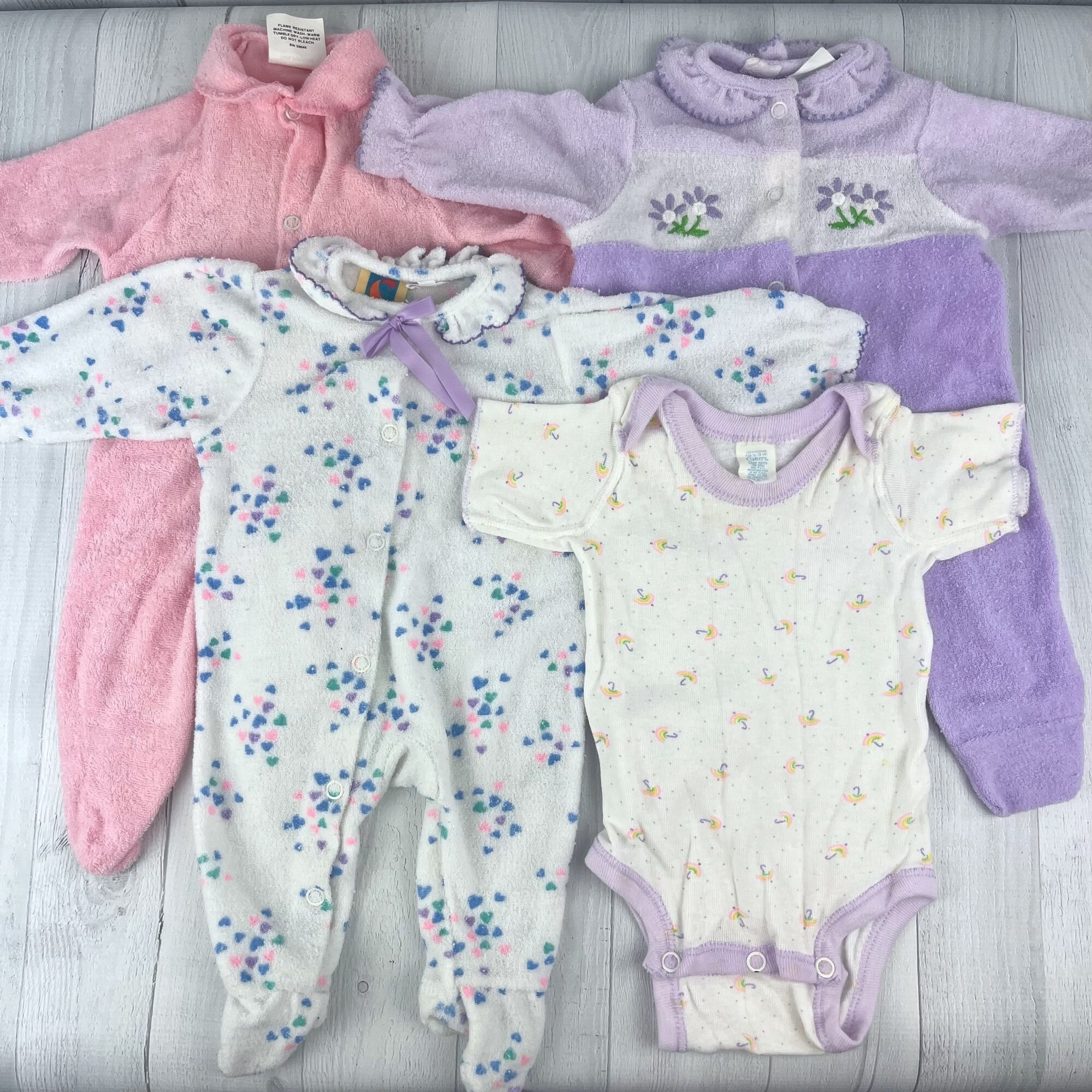 Lot of Newborn Footie Pajamas & Onesie for Baby Girl in Purple, Pink and White, Hearts, Flowers, Rainbows, Umbrellas, Bows, Clothing Sets