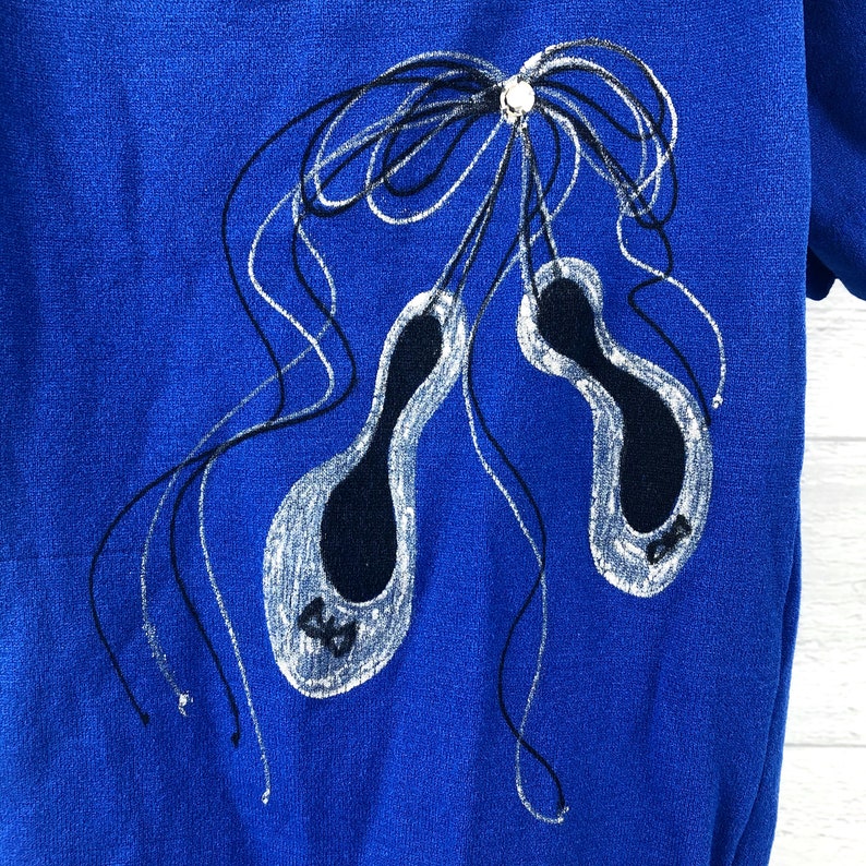 Vintage Size 7-10 Royal Blue 80/'s Short Sleeved Dance Leotard with Silver /& Black Ballet Slippers Tied Together with a Bow Large Rhinestone