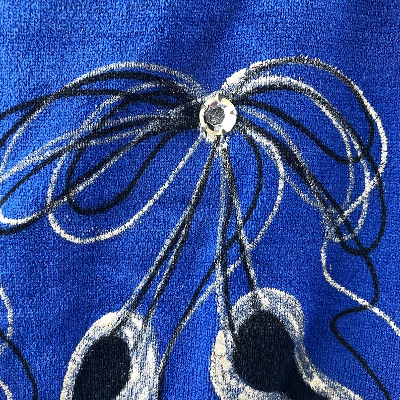 Vintage Size 7-10 Royal Blue 80/'s Short Sleeved Dance Leotard with Silver /& Black Ballet Slippers Tied Together with a Bow Large Rhinestone