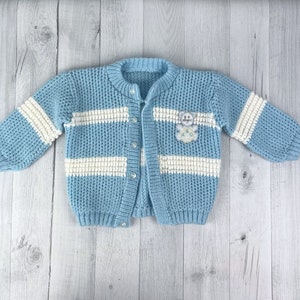 Vintage Blue Knit Sweater with White Stripes & Mouse Appliqué with Ball with ABC&#39;s, Cardigan, Faux Button Down, Long Sleeve, Jacket, Ribbed