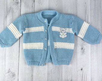 Vintage Blue Knit Sweater with White Stripes & Mouse Appliqué with Ball with ABC's, Cardigan, Faux Button Down, Long Sleeve, Jacket, Ribbed