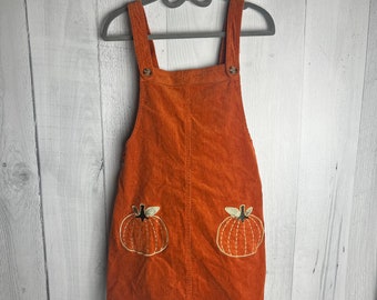 Size 6 Girls Orange Corduroy Overall Dress with Two Pumpkins with Metallic Gold Thread, Autumn, Fall, Halloween, Holiday, Seasonal