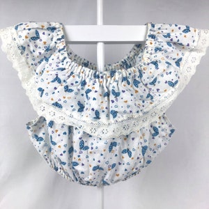 Vintage Size S - 7/8 White Crop Top with Print of Blue Butterflies and Colorful Hearts & Polka Dots, Lace Trim, Off or On Shoulder Ruffles