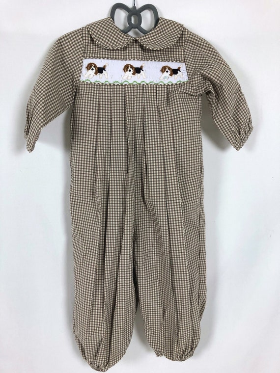 18 Month Smocked Brown, Beige and Olive Green Plai
