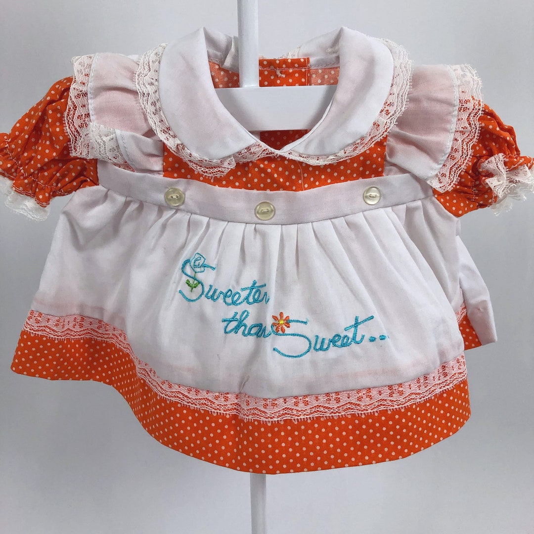 Vintage Orange Dress With White Polka Dot Print, White Attached Apron
