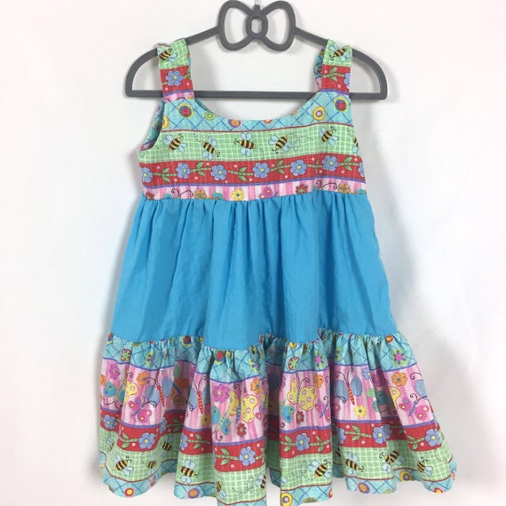 Handmade Blue Dress With Colorful Garden Themed Print With Bees, Butterflies, Flowers and Shapes, Red, Pink, Green, Yellow, Orange, Purple