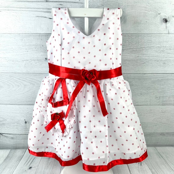 Peuter witte mouwloze jurk met rode stippen rode lint trim op zoom riem zak hartvormige strik met rozet gegolfde zak Etsy Nederland