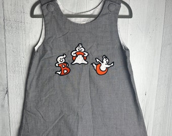 Size 5 Girls Halloween Dress with Three Ghosts in the Word "BOO" in Orange on Check Print Black & White Dress, School Halloween Dress, Fun