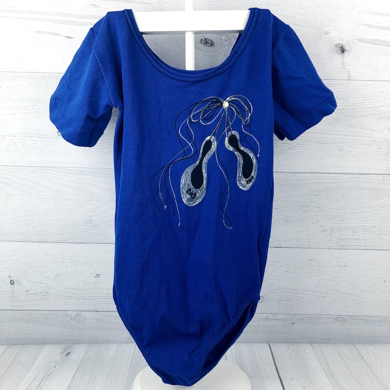 Vintage Size 7-10 Royal Blue 80/'s Short Sleeved Dance Leotard with Silver /& Black Ballet Slippers Tied Together with a Bow Large Rhinestone