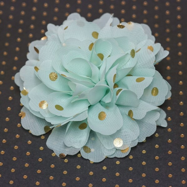 Flower Clip - mint green chiffon fabric rose with shiny gold polka dots - alligator clip - toddler, child, kid, adult