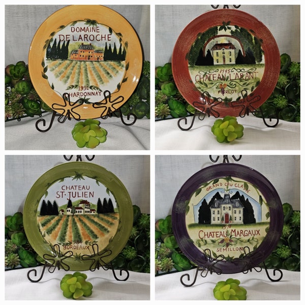 New Certified International set 4 ceramic chateau wine theme 8" round server or decorative plate by Susan Winget