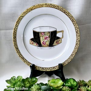 Vintage 2000 Gold Buffet Royal Gallery porcelain 8&quot; salad dessert dinner plate with cup design and intricate gold edge and trims