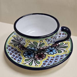 Hand-Painted Perez Pue. Mexican Folk Art Pottery Coffee Cup and Saucer Set – Yellow Blue