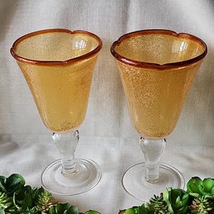 Set of 2 Artland Hand-blown Bubble Amber Wine / Water Goblet / Glass 8” tall