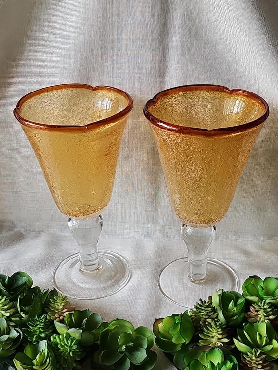 Set of 2 Artland Hand-blown Bubble Amber Wine / Water Goblet / Glass 8 tall
