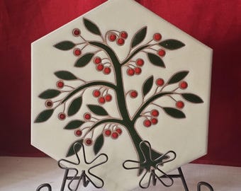 Vintage 1984 kersenboom zeshoekige keramische tegel / onderzetter