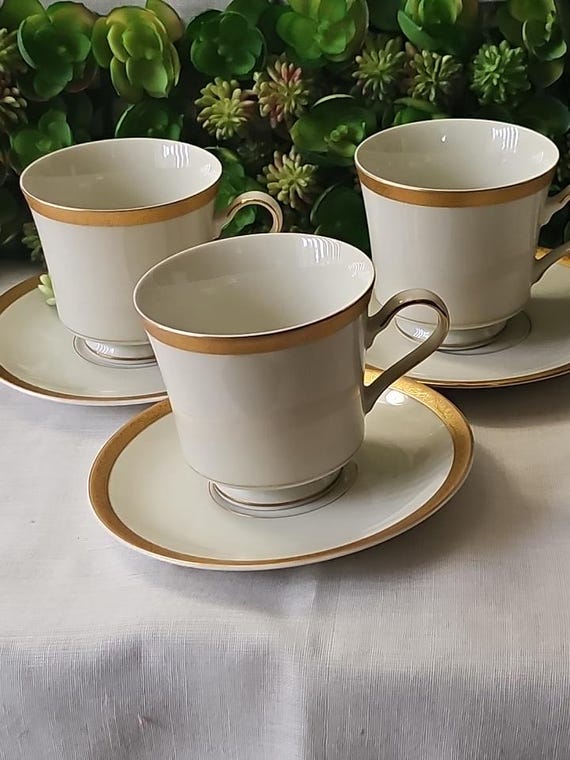 Vintage Mikasa Ivory China Cup Saucer Set: Etched Floral Gold