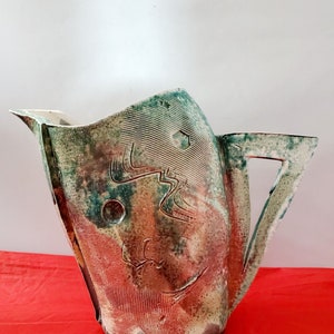 Rare Studio pottery one-of-a-kind Ceramic Fish Head vase Signed handcrafted green pitcher decor figurine wide mouth with handle