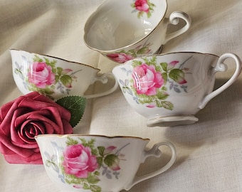 4 Vintage Lefton bone china Hand-painted Pink Rose chintz coffee cup demitasse With Gold Rims for tea party or decor