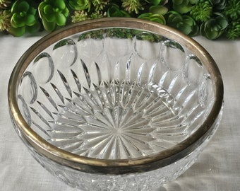 Vintage large Crystal Starburst Bowl with Silver-Plated Rim