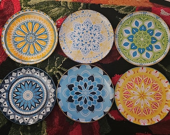 Juego colorido de cuenco para pasta y plato para ensalada de cerámica (6 diseños de arte mandala)