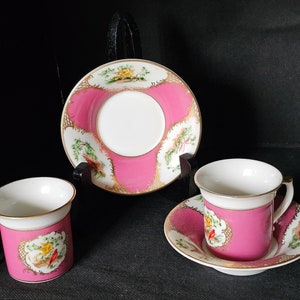 2 Sets AVON 1985 European Tradition porcelain demitasse  Cup & Saucer marked France Circa 1750 white and pink with birds design tea party