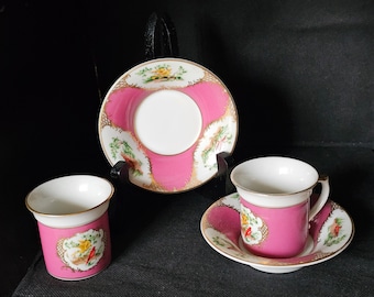 2 Sets Avon 1985 Porcelain Demitasse Cups & Saucers: Pink Bird Design
