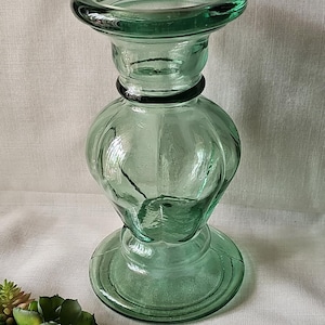 Vintage Vidrios San Miguel Made in Spain Recycled thick heavy Glass Hand-blown green 8&quot; Vase or candle holder home Mid-Century MCM decor