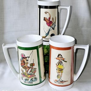 Vintage Collectible 1970s insulated Thermo-Serv melamine 16 oz. Fun Fishing coffee or tea travel Mug choice of Troutman, Trophyman, Bassman