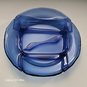 Rare and elegant abstract sculpted glass art Cobalt Blue round plate / platter / decorative centerpiece
