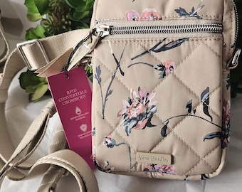 New Vera Bradley RFID Small Convertible Crossbody Belt / Fanny Pack / Hip Bag Rain Forest Toile (Gray) or Strawflowers (beige) with 2 straps