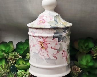 Vintage HADIDA floral porcelain bathroom dresser accessory apothecary storage jar with lid