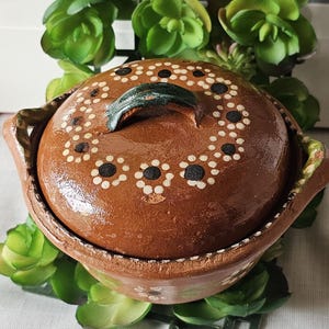 Traditional Mexican Clay Pot Brown Lidded Dish with Hand-painted Floral Accent