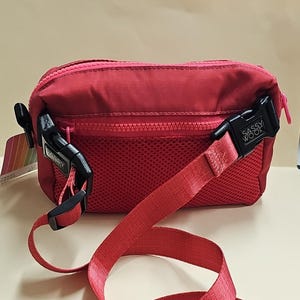 Puede incluir: Una riñonera roja con una cremallera negra y una correa ajustable negra. La correa tiene una hebilla negra con el texto "SASSY WOOF" impreso en ella.