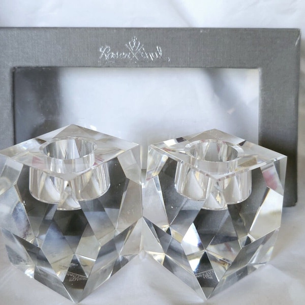 Vintage unused Set of 2 ROSENTHAL REGENCY CRYSTAL cut glass faceted Candlestick tapered candle holder collectible decor signature gift box