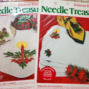 Vintage sealed 2 Sets Needle Treasures Cross Stitch Candleglow Christmas Holidays 4- PLACEMATS & TABLE RUNNER complete kits