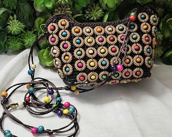 Handcrafted Beaded brown and multi-color Woven Colorful small Cross-body Top-zip Bag