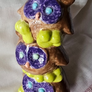 Studio crafted Three Owls Coin Bank Hand-painted 9&quot; Porcelain Figurine Green & Brown with purple eyes piggy bank knick-knack /  gift