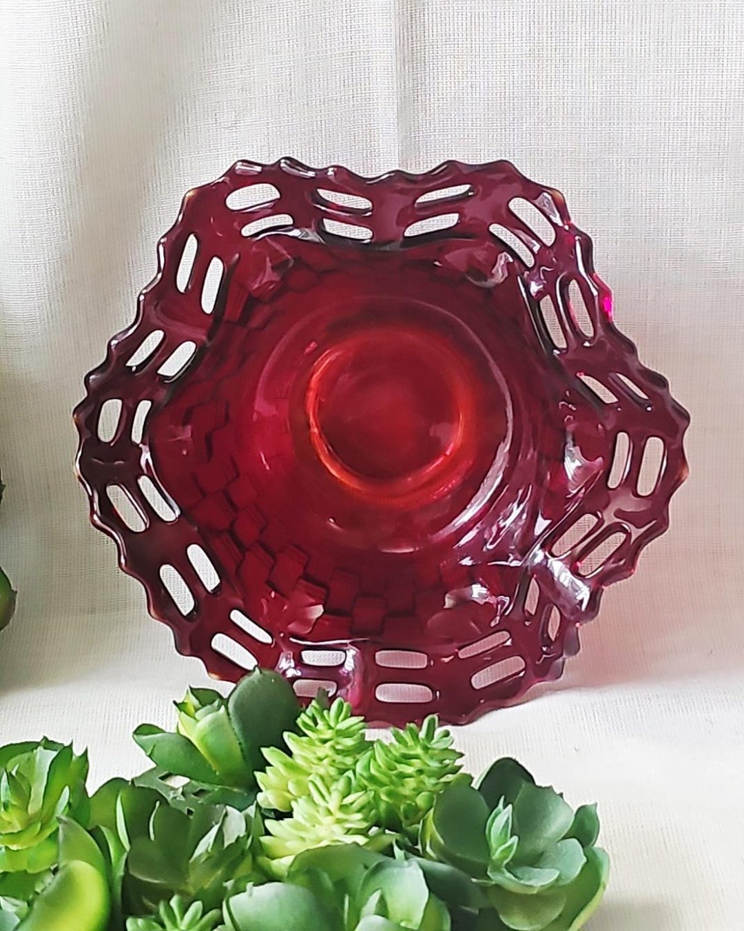 Fenton Ruby Red Bowl Ruffle Vintage Fenton Ruby Red Glass Bowl Basket Open Edge Ruffled Trinket ...