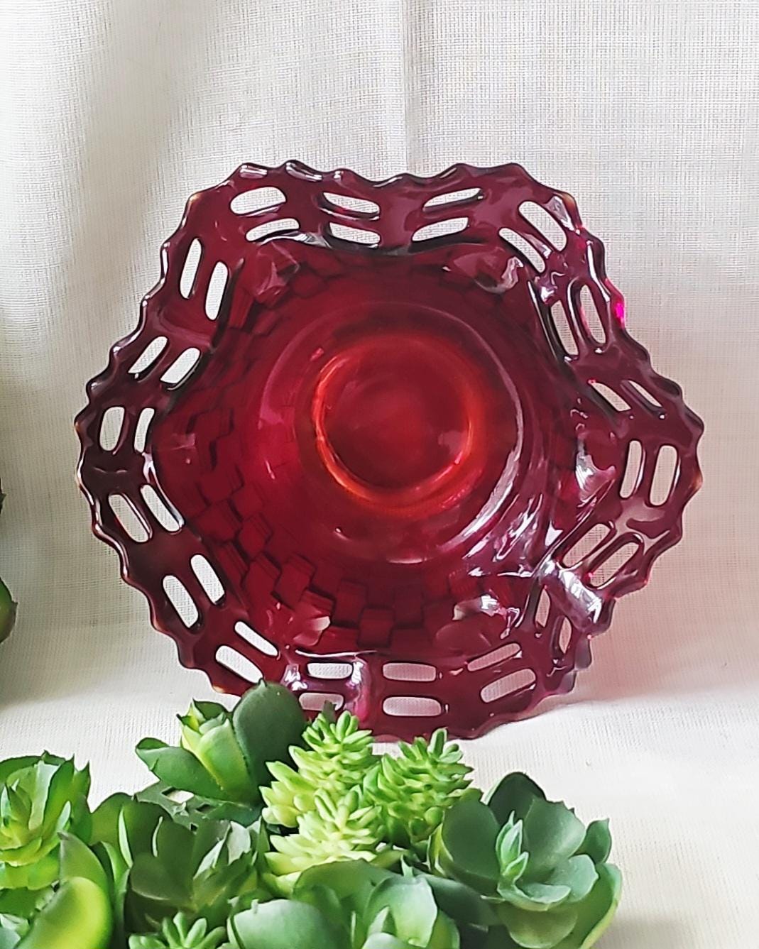 Fenton Ruby Red Bowl Ruffle Vintage Fenton Ruby Red Glass Bowl Basket Open Edge Ruffled Trinket ...