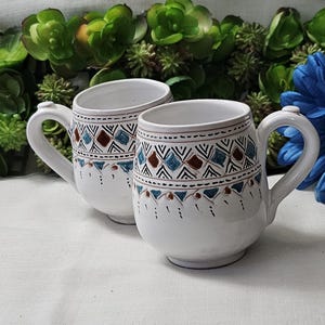 Set Studio Pottery Moroccan folk-art hand-painted coffee cup mug beautiful blue and red tribal pattern