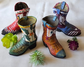 Vintage Set of 4 cowboy boots ceramic resin painted decorated Shoes figurine Texas Mexican collectible Western decor