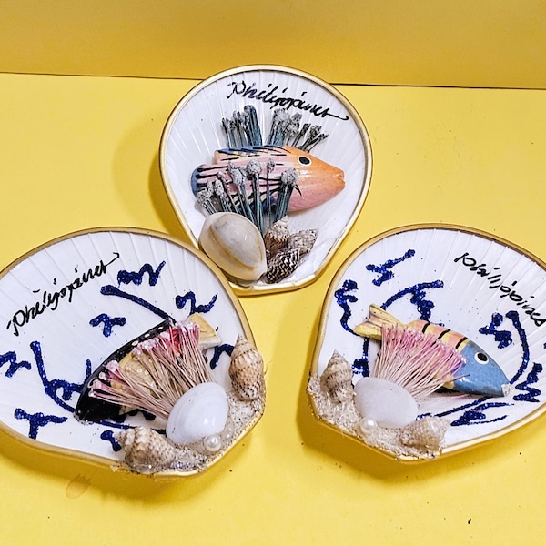 Set of 3 Hand-crafted ref board magnets natural shell with fish decor Philippines Souvenir Gift