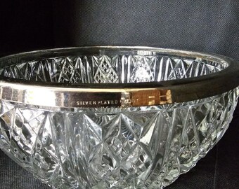 Vintage Large Heavy Crystal cut glass 8" fruit salad candy decor Bowl Starburst with silver-plated Rim